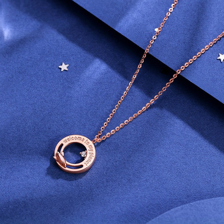 Shining Girl Series 18K Rose Gold Diamond Rocket Planet Necklace