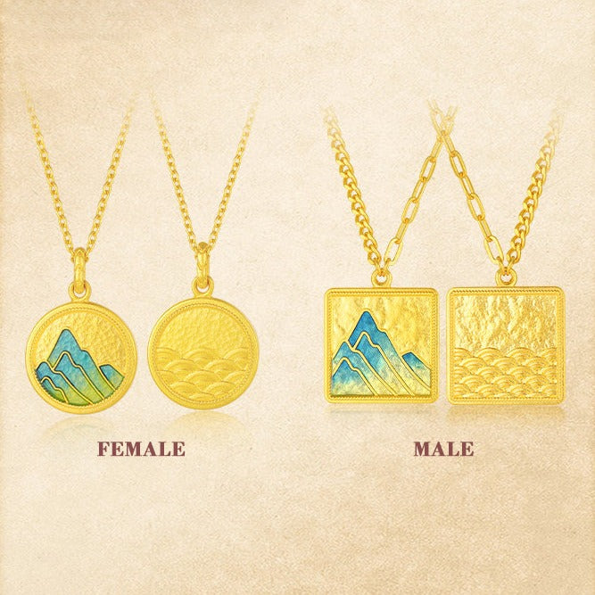 A Grand Panorama of Rivers and Mountains Series 24K Gold Enamel Square Round Tag Couple Necklaces