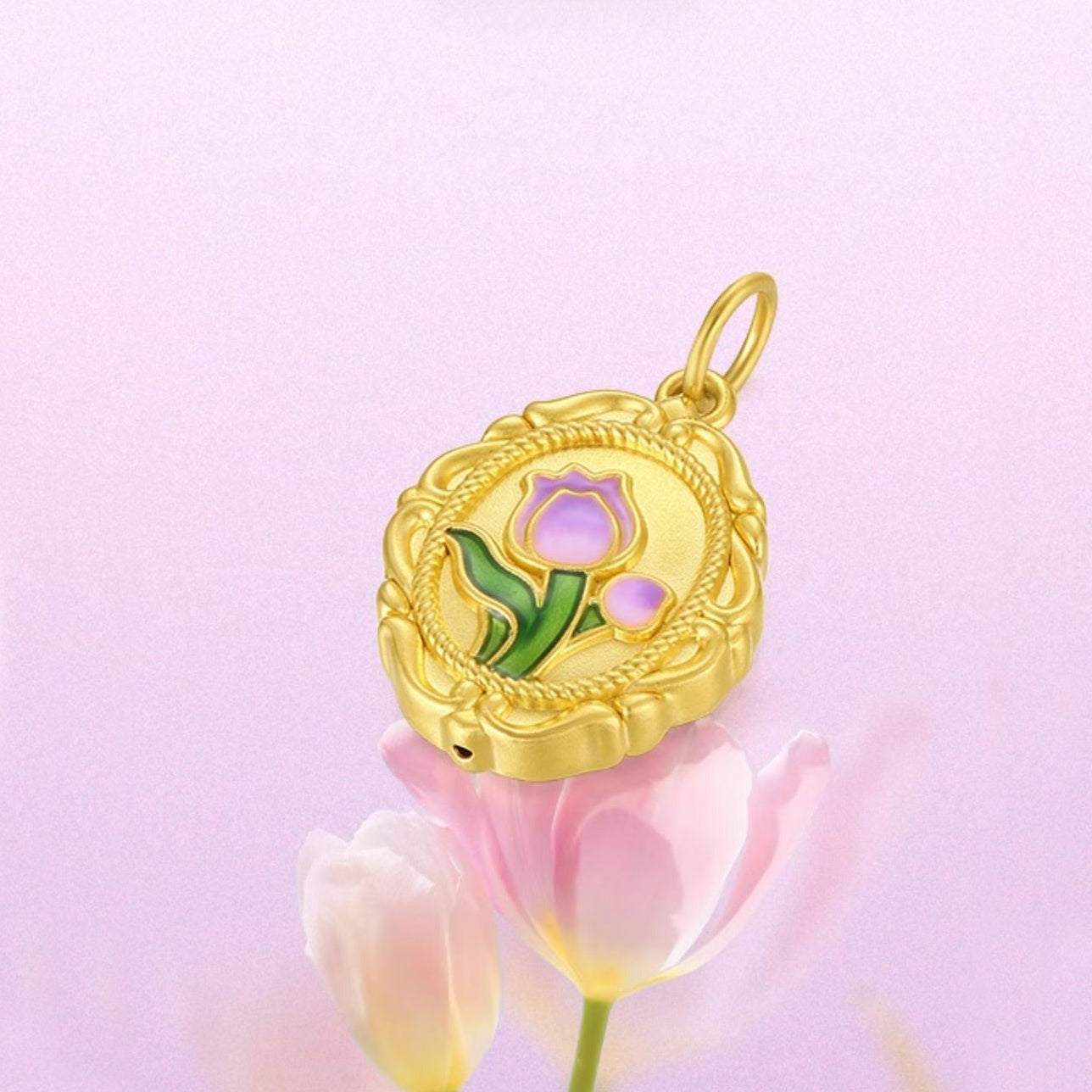 Monet Garden Series 24K Gold Enamel Tulip Amethyst Necklace Pendant