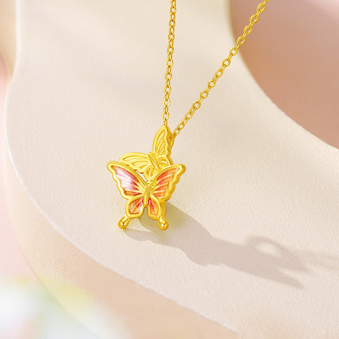 First Series 24K Gold Enamel Twin Butterfly Necklace Pendant