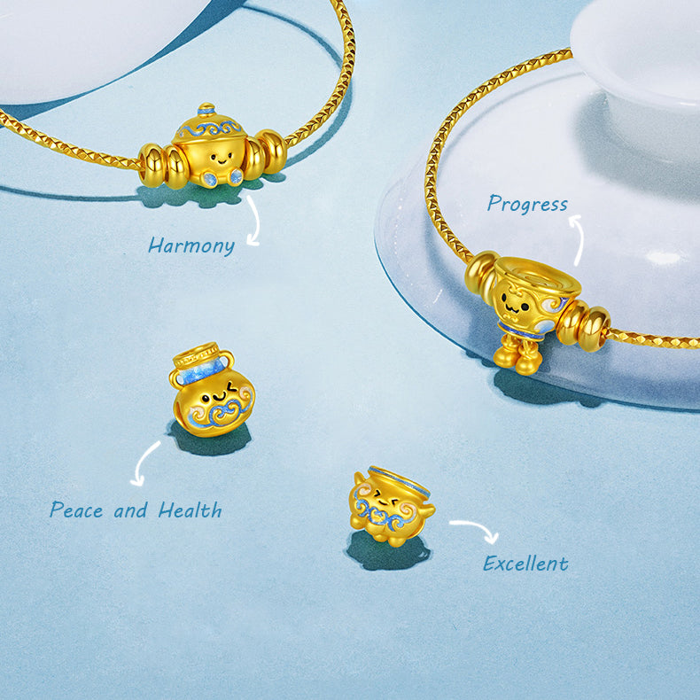 Chinese Cultural Relics Series 24K Gold Luminous Enamel Blue and White Porcelain Charm