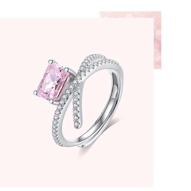 S925 Silver Pink Rectangle Zircon Line Ring