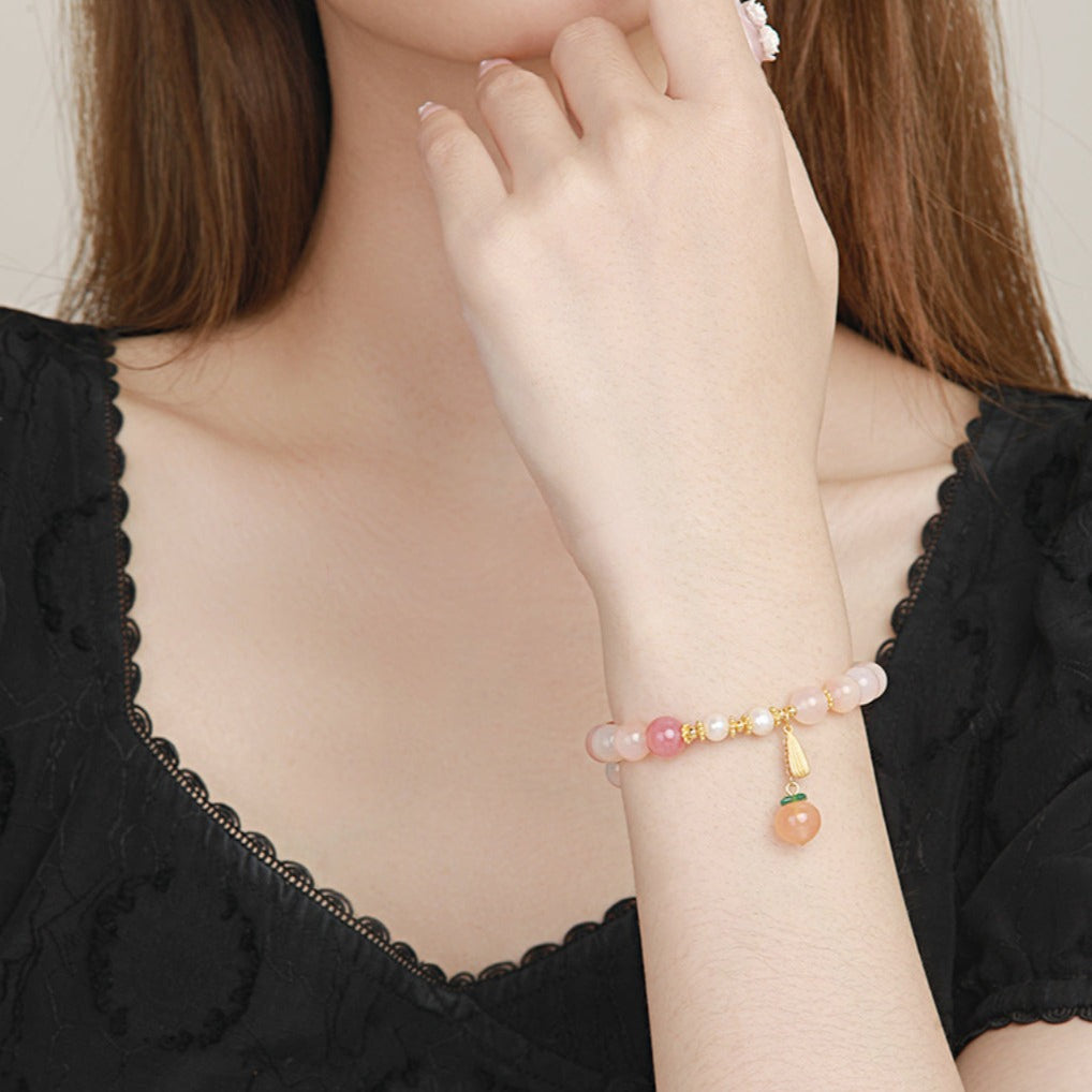 925 Silver Pearl Agate Pink Peach Beaded Bracelet