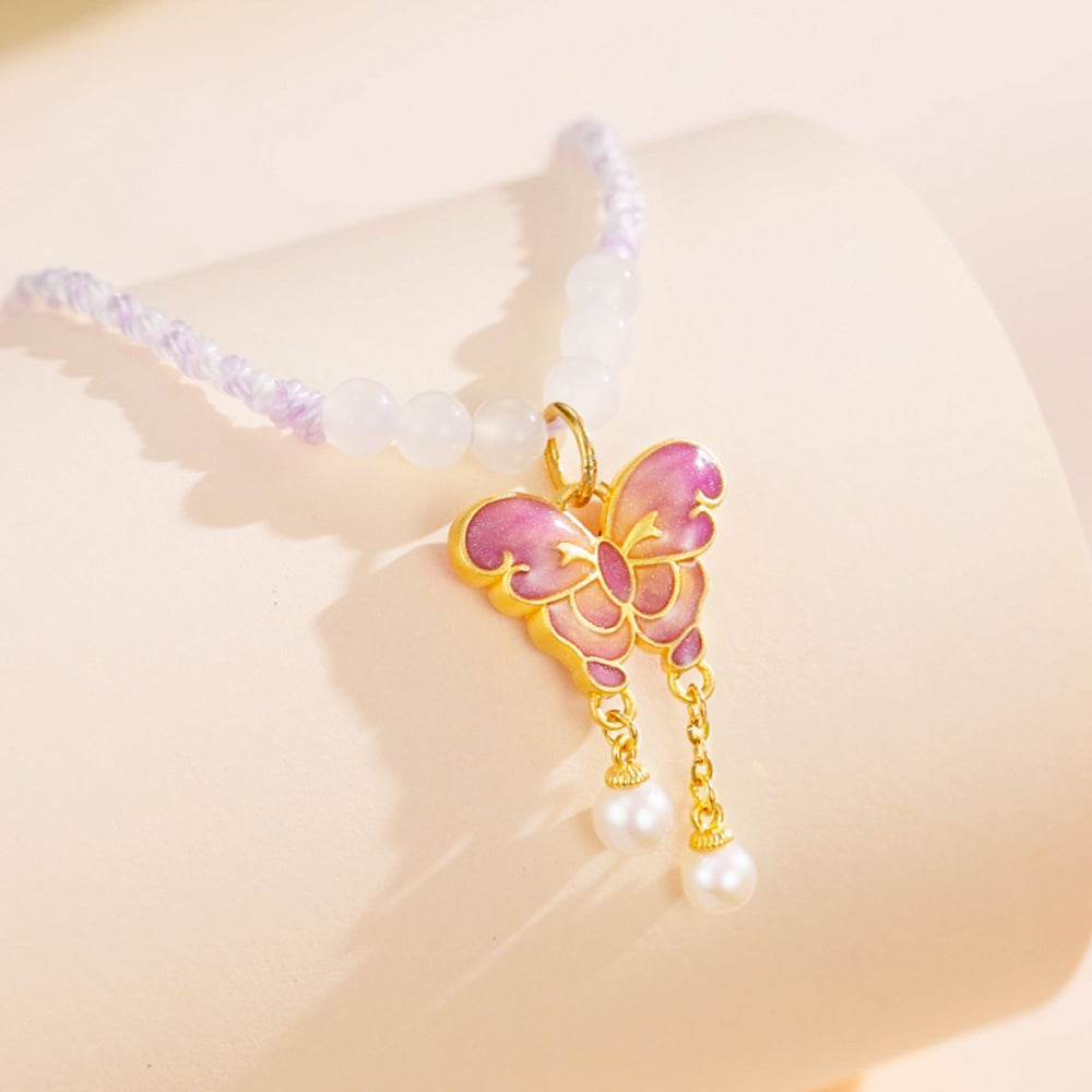 24K Gold Luminous Enamel Double-Sided Purple Orange Butterfly Necklace