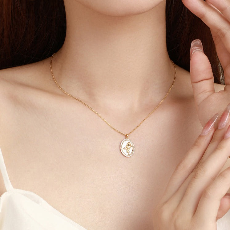 925 Silver Shell Rose Flower Oval Necklace