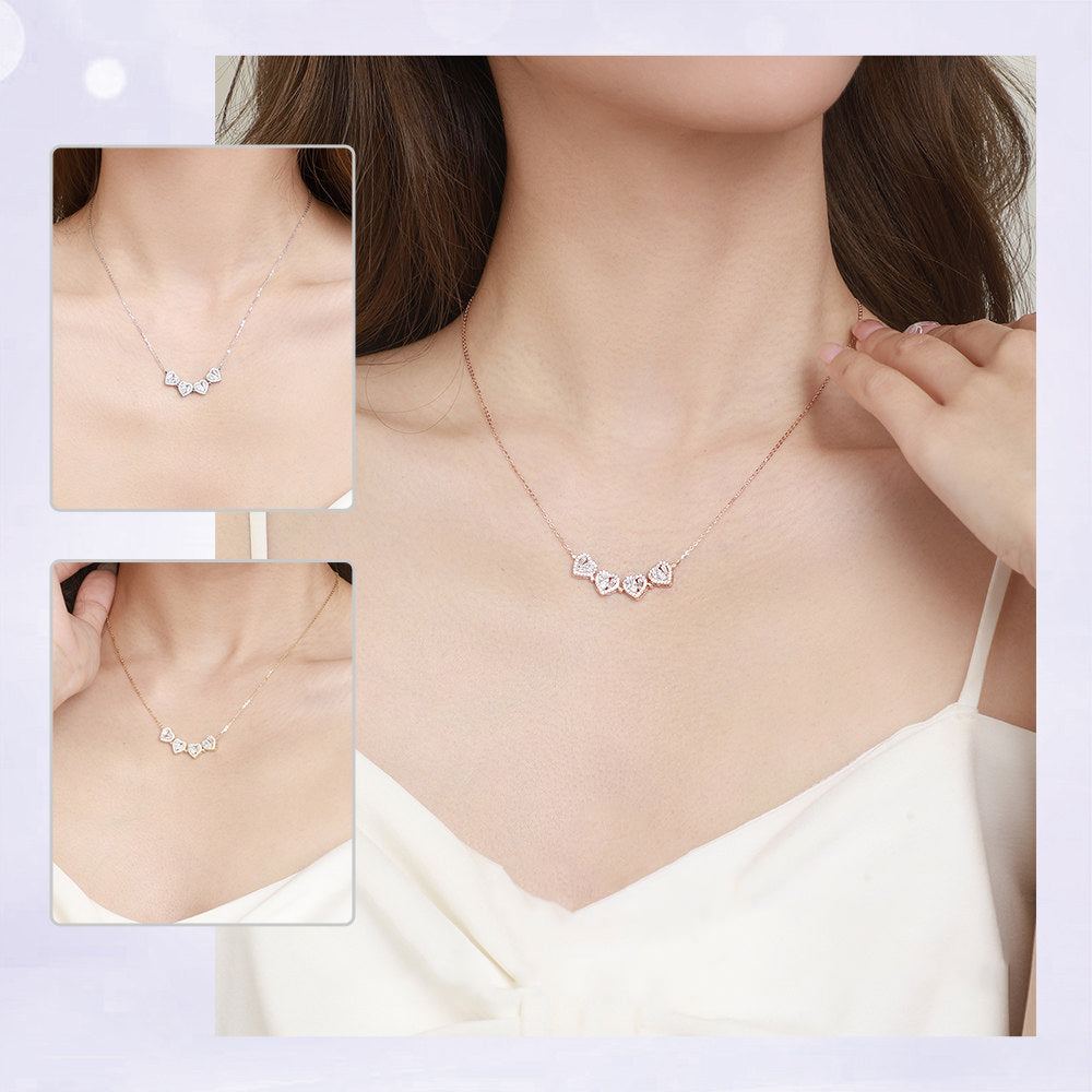 Model wearing the convertible necklace opened into four connected hearts, with three color styling views