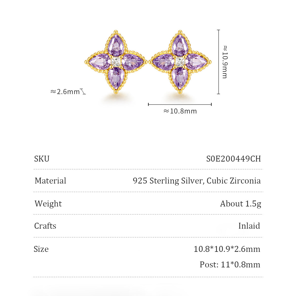 Gold Plated Silver Zircon Purple Lucky Clover Jewelry Set - Necklace & Earrings