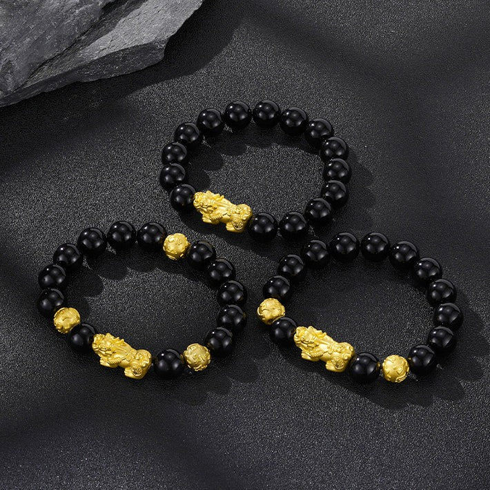 24K Gold Pixiu Obsidian Men Beaded Bracelet