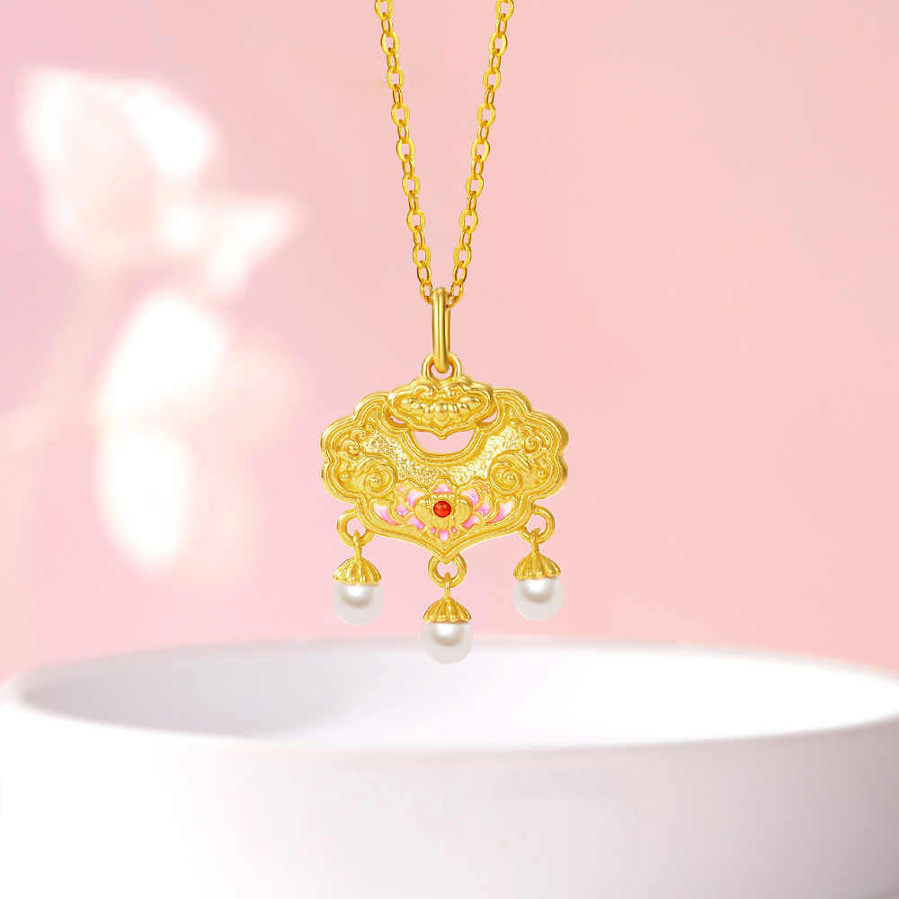 24K Gold Pearl Peony Ruyi Lock Necklace Pendant