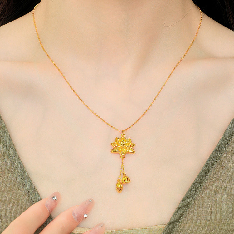 24K Gold Lotus Flower Tassel Necklace Pendant