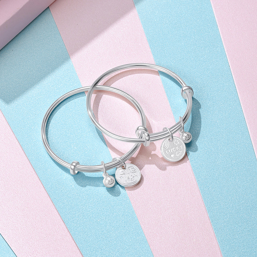 S990 Silver Newborn Baby Child Peach Rabbit Bangle Set