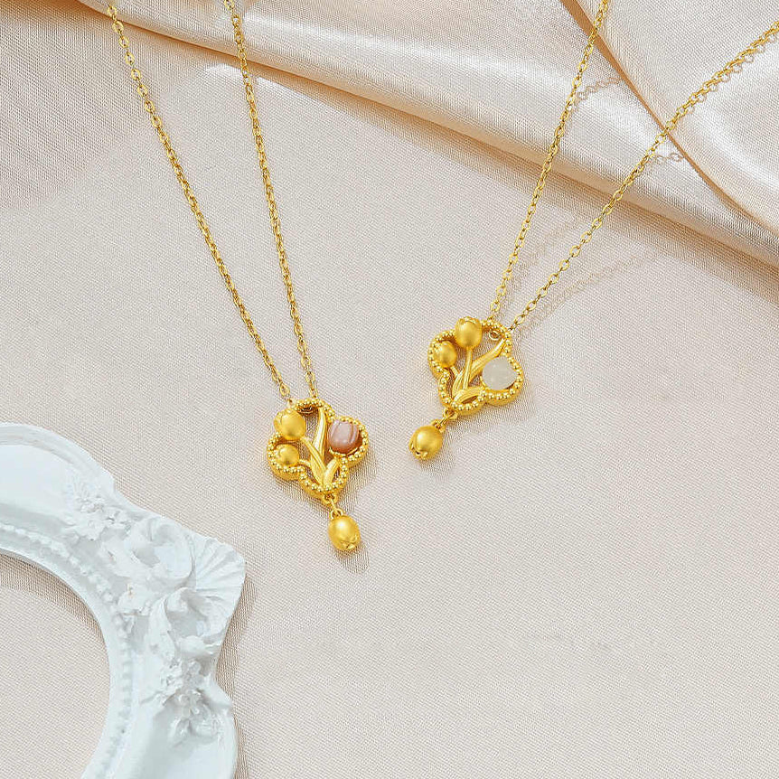 24K Gold Hetian Jade Shell Tulip Necklace Pendant