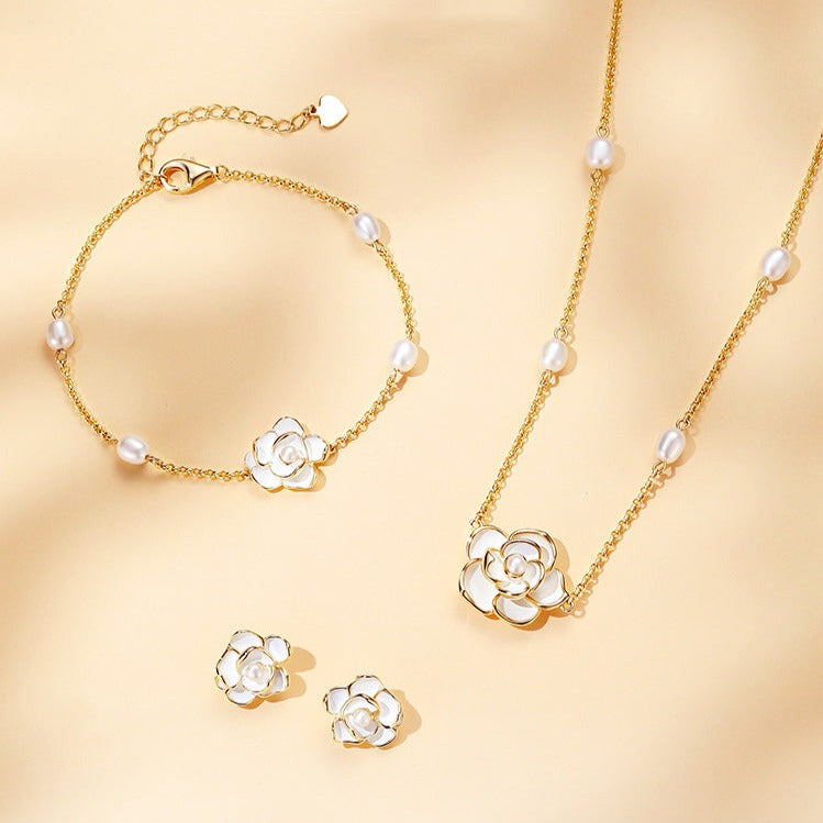 S925 Silver Camellia Pearls Necklace Jewelry Set