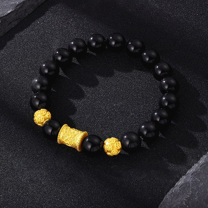 24K Gold Six-Syllable Mantra Barrel Charm Obsidian Men's Bracelet