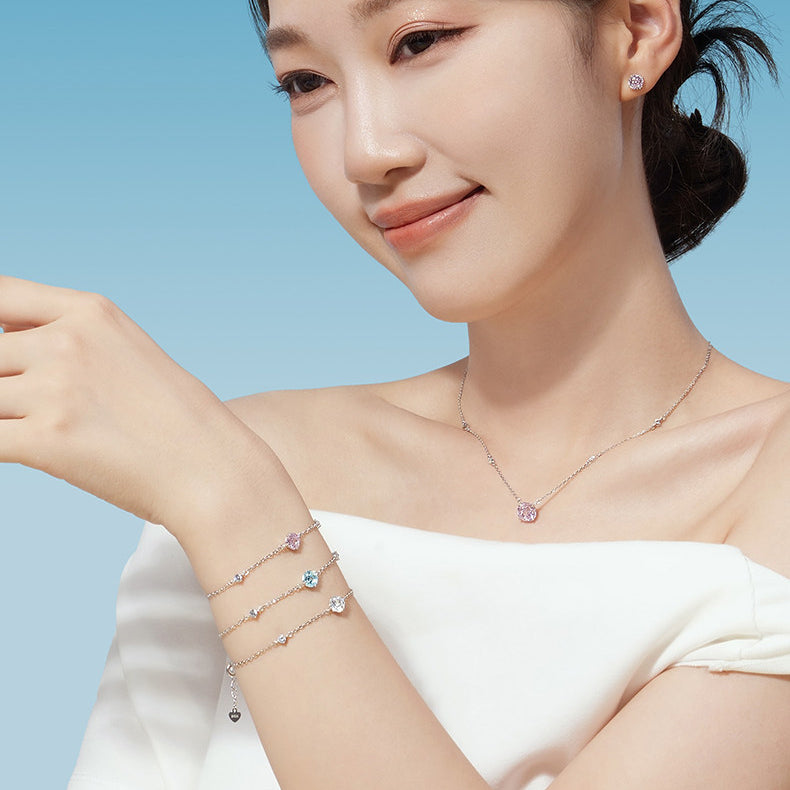 Silver Zircon Colored Rose Solitaire Bezel Bracelet