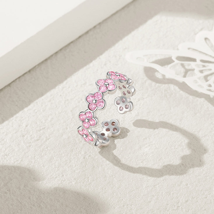 S925 Silver Zircon Pink Clover Open Ring