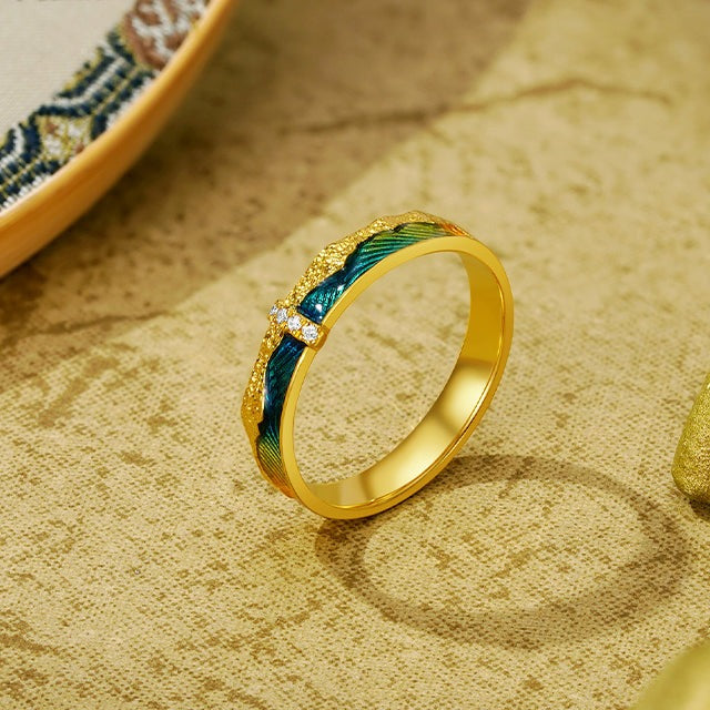 A Grand Panorama of Rivers and Mountains Series 24K Gold Diamond Enamel Green Mountain Ring