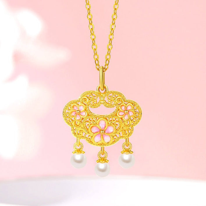 24K Gold Pearl Peach Blossom Ruyi Lock Pendant