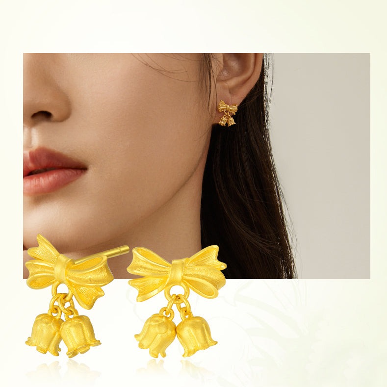 Happy Flower Wedding Series 24K Gold Bow Knot Lily of the Valley Flower Earrings