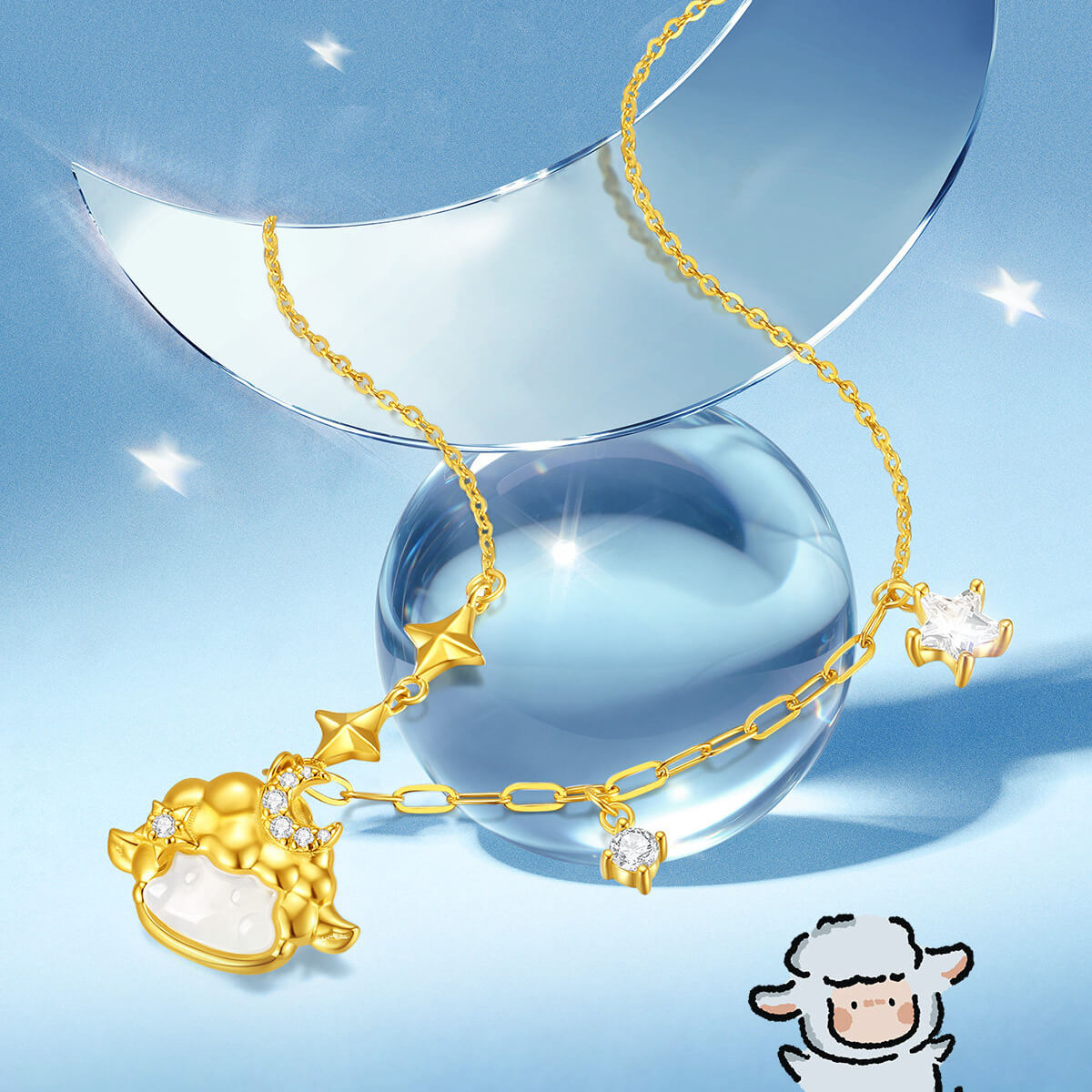 Gold-plated silver chalcedony sheep necklace with star charms, displayed beside a crescent moon on blue