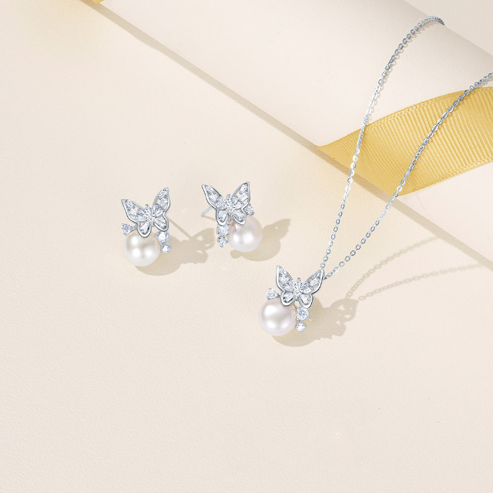 S925 Silver Butterfly Luxury Fashion Pearl Necklace & Earrings Set