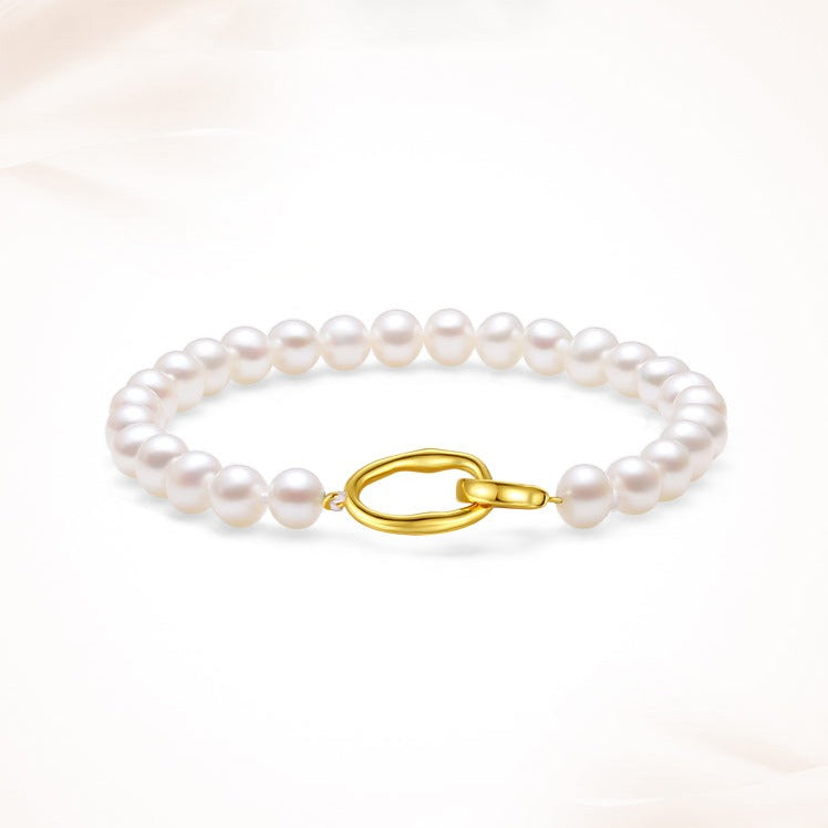 925 Silver Gold Geometric Buckle Pearl Bracelet Necklace Jewelry Set