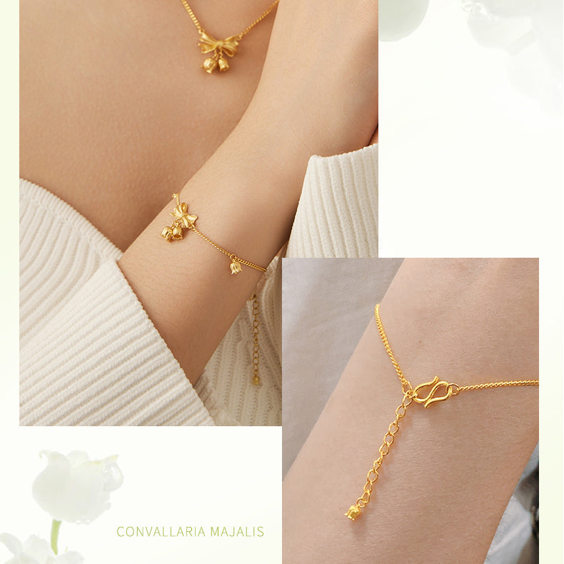 Happy Flower Wedding Series 24K Gold Bow Knot Lily of the Valley Flower Bracelet