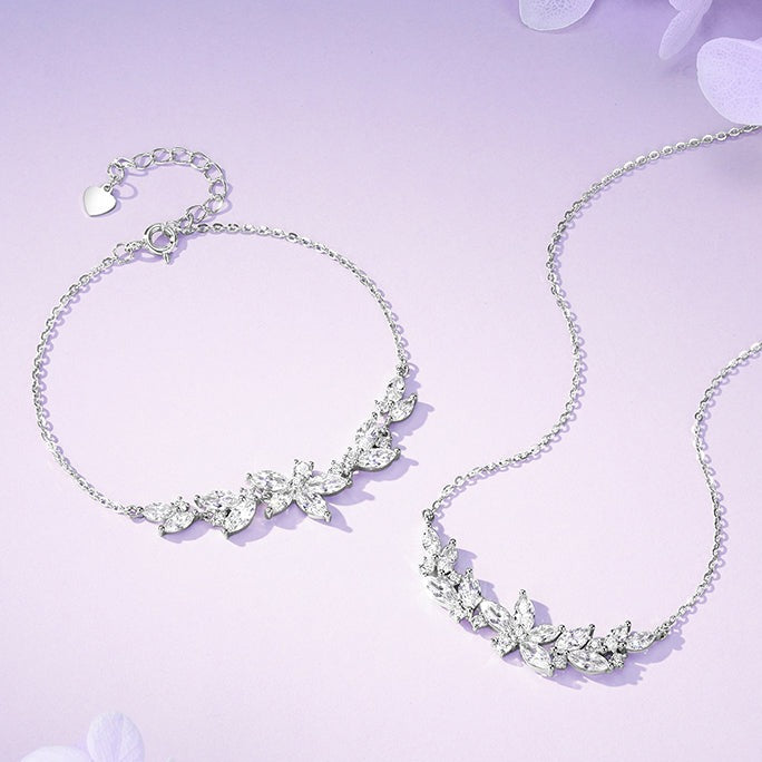 925 Silver Wisteria Flower Necklace Bracelet Jewelry Set