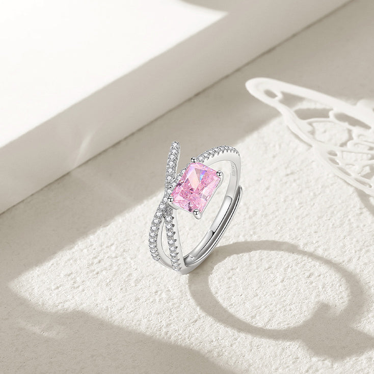 S925 Silver Pink Rectangle Zircon Line Ring