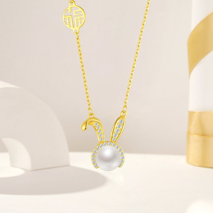 925 Silver Pearl Happy Rabbit Necklace