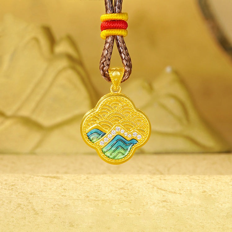 A Grand Panorama of Rivers and Mountains Series 24K Gold Diamond Enamel Hollow Filigree Clover Pendant