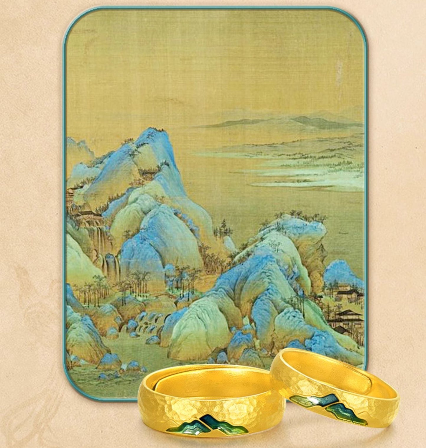 A Grand Panorama of Rivers and Mountains Series 24K Gold Enamel Double Mountain Couple Rings