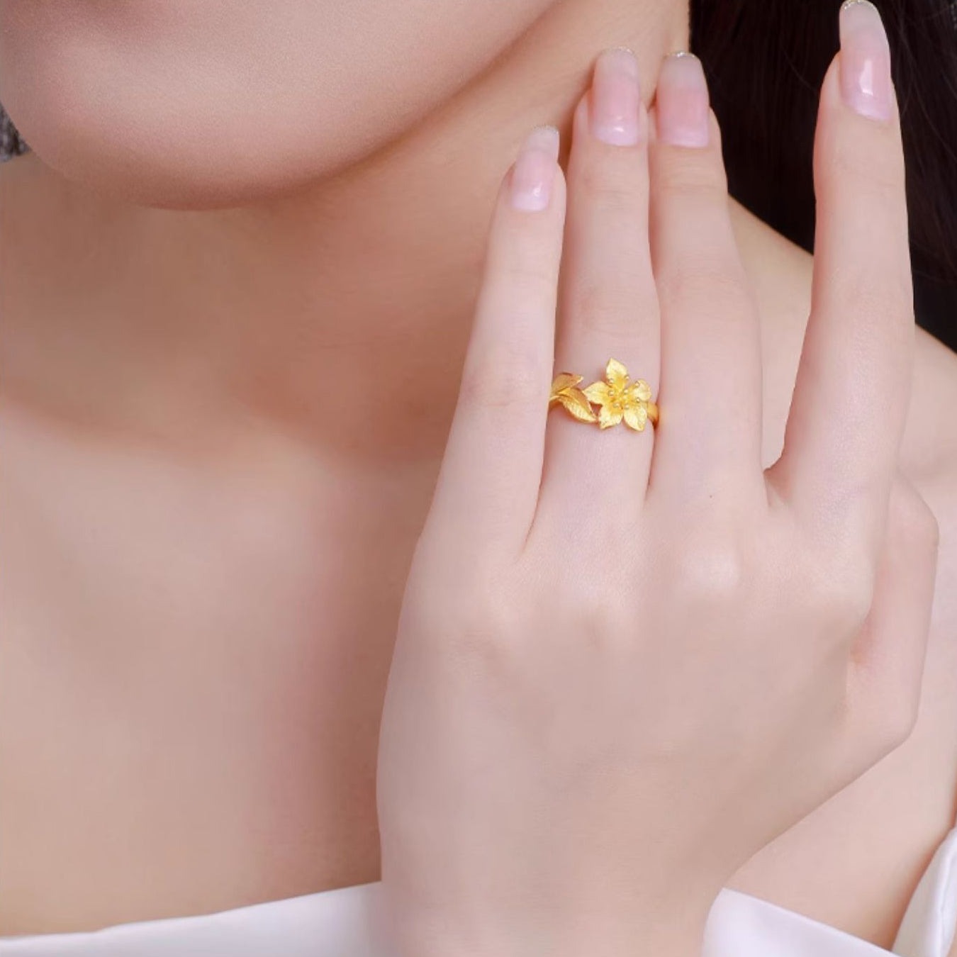 Happy Flower Wedding Series 24K Gold Elegant Nicotiana Alata Flower Ring