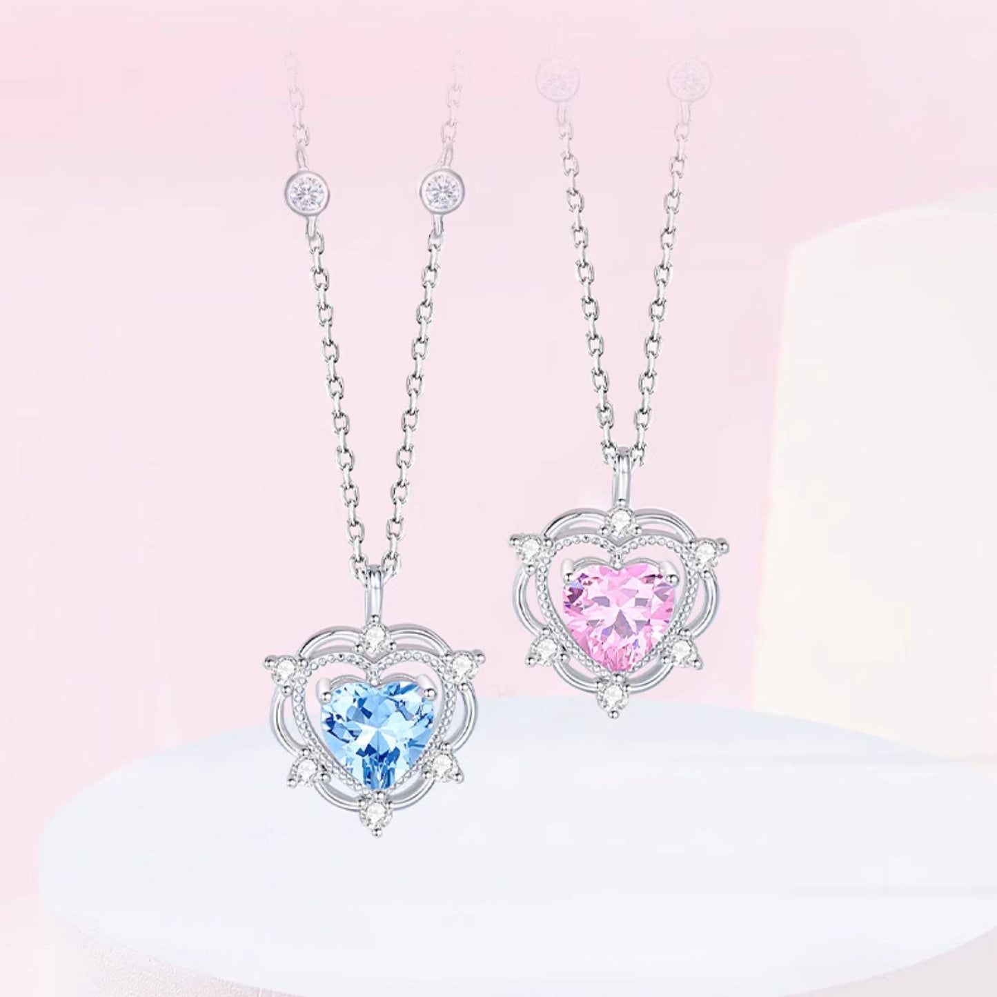 Silver Zircon Pink Blue Heart Necklace