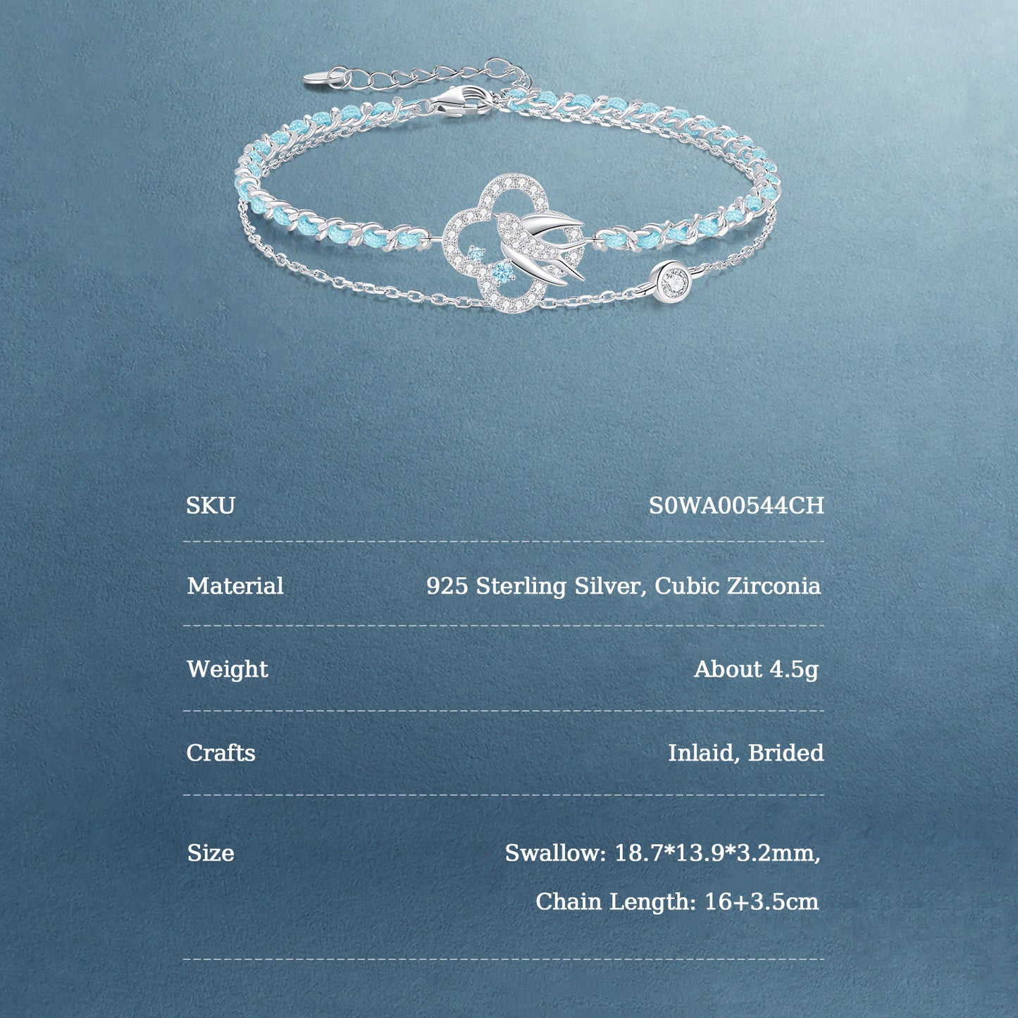 Silver Zircon Swallow Clover Double-layer Bracelet