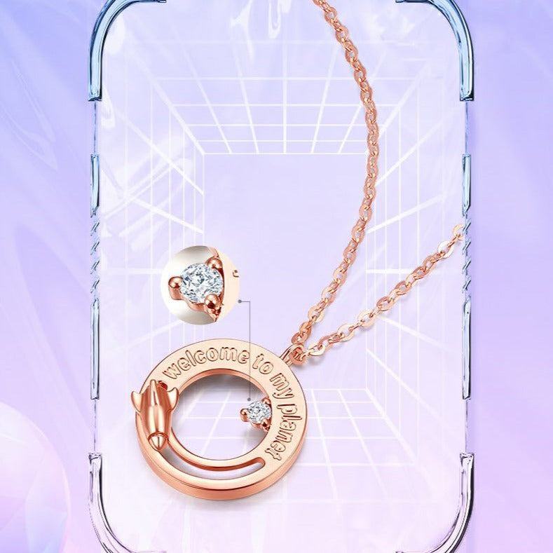 Shining Girl Series 18K Rose Gold Diamond Rocket Planet Necklace