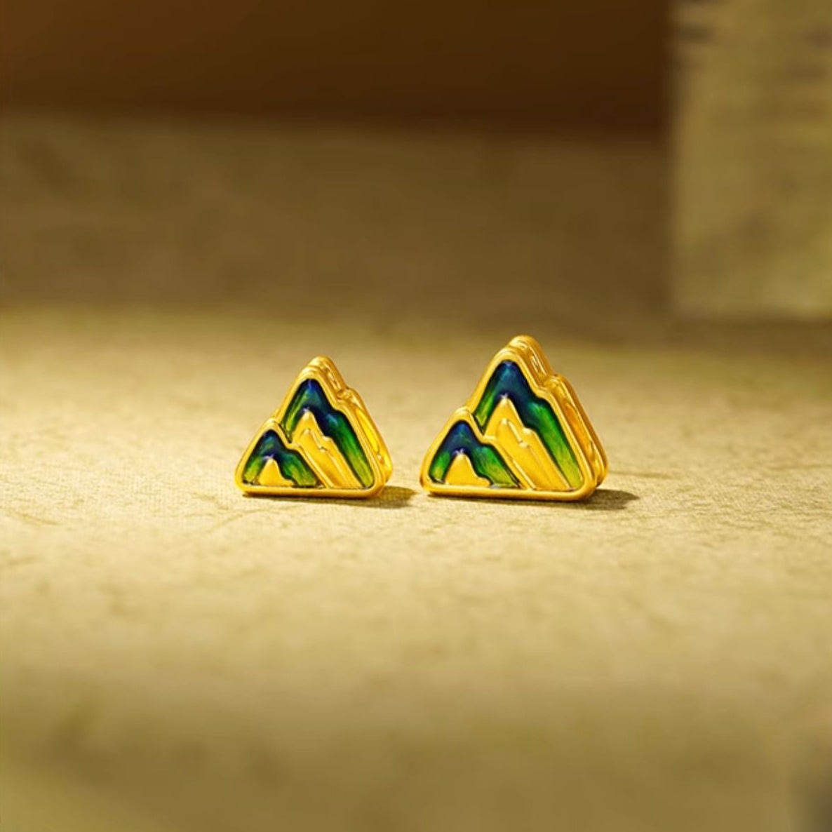 A Grand Panorama of Rivers and Mountains Series 24K Gold Enamel Mountain Shape Couple Charm Set