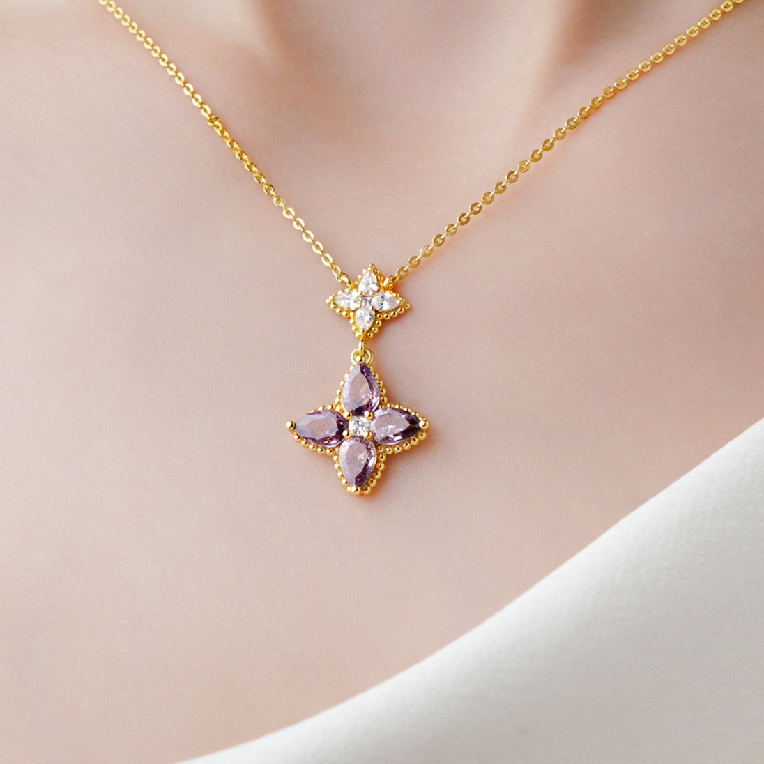 Gold Plated Silver Zircon Purple Lucky Clover Jewelry Set - Necklace & Earrings