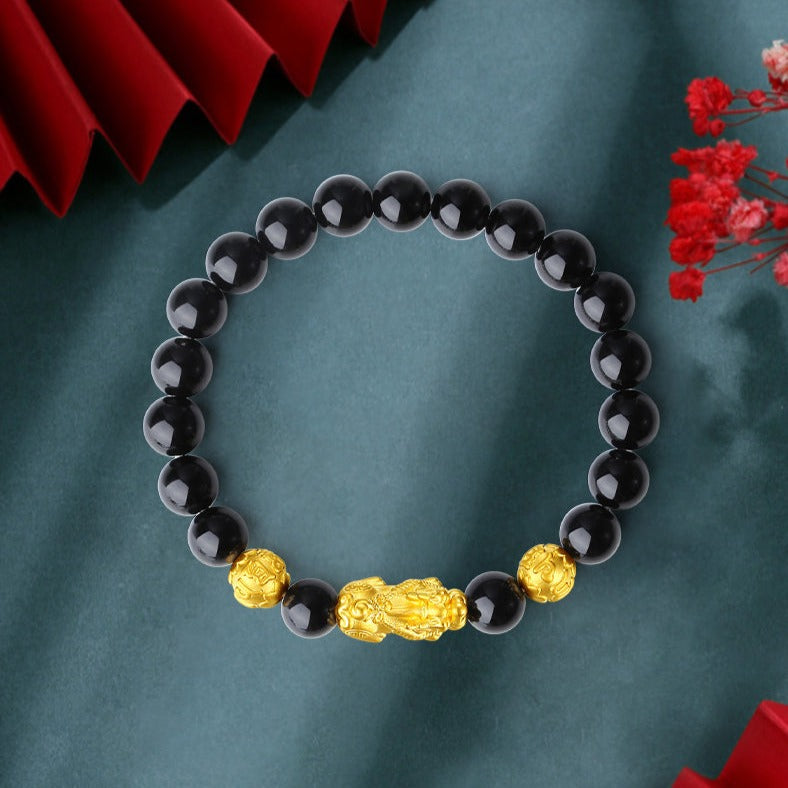 24K Gold Pixiu Obsidian Men Beaded Bracelet