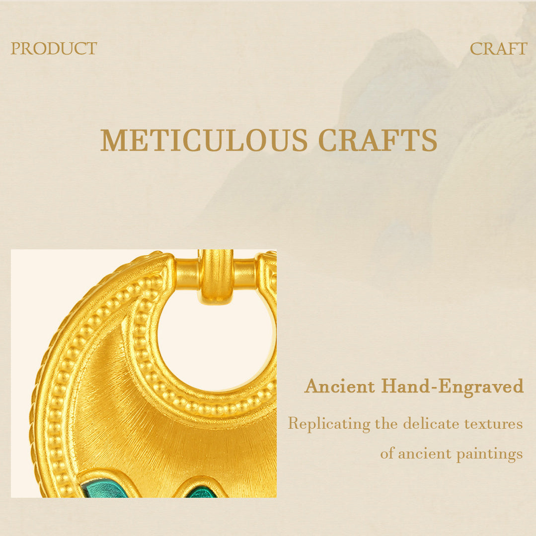 ChowTaiSeng 24K Gold Round Ruyi Lock Pendant – meticulous ancient hand-engraved craftsmanship detail, replicating delicate textures of ancient paintings, product craft close-up