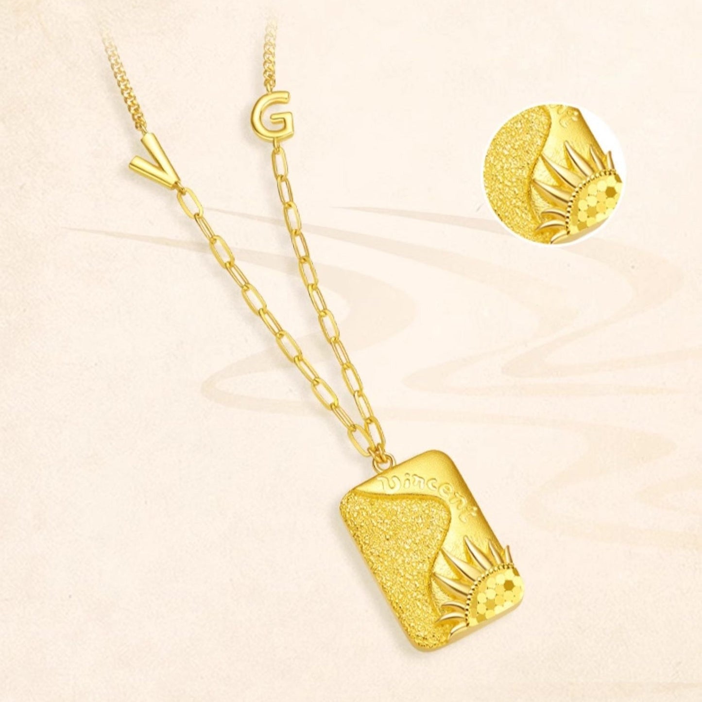 Blazing Van Gogh Series 24K Gold Sunflower Square Tag Necklace