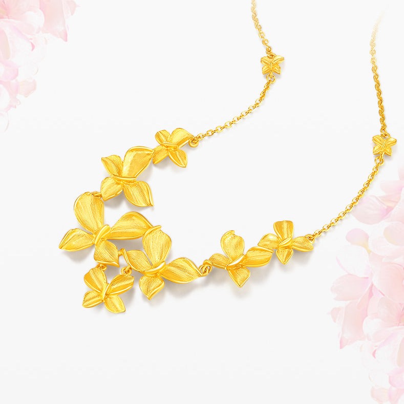 Happy Flower Wedding Series 24K Gold Butterfly Love Flower Necklace