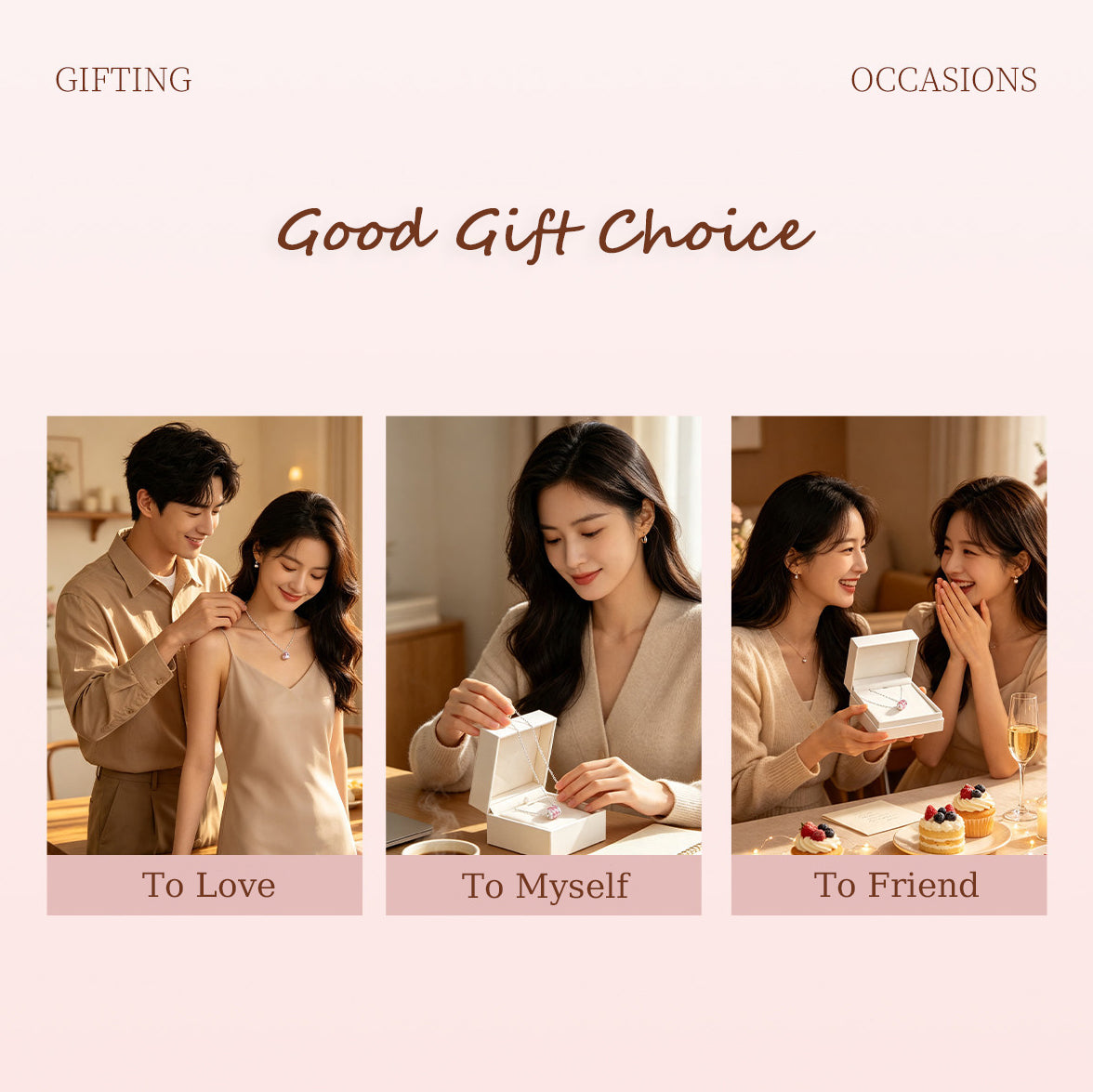 ChowTaiSeng necklace gifting occasions infographic — three scenes: couple (To Love), woman unboxing alone (To Myself), and two friends celebrating (To Friend), blush pink background with Good Gift Choice heading
