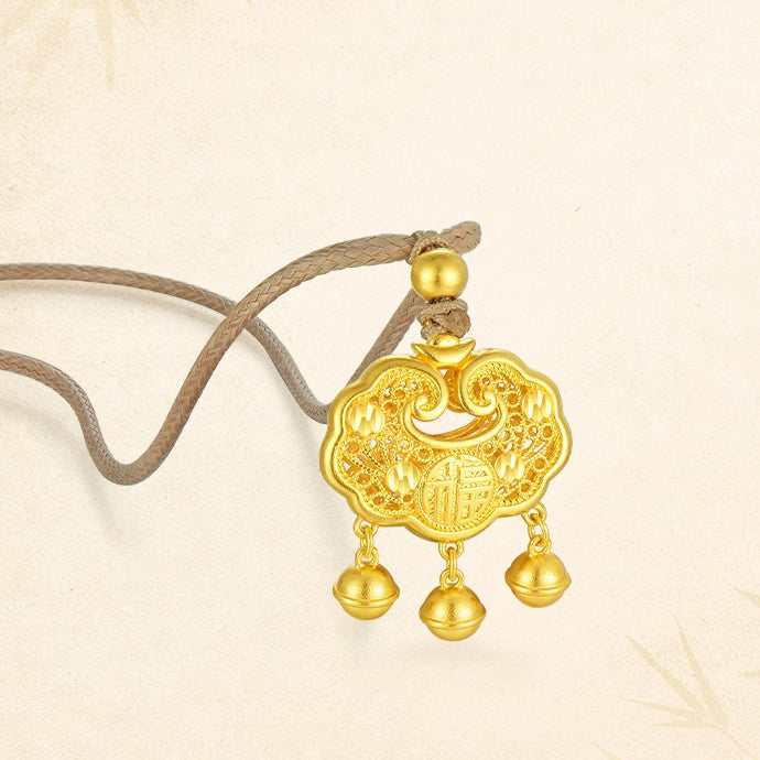 24K Gold Fortune Ruyi Lock and Bells Necklace Pendant