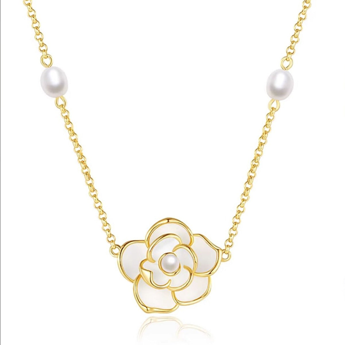 S925 Silver Camellia Pearls Necklace Jewelry Set