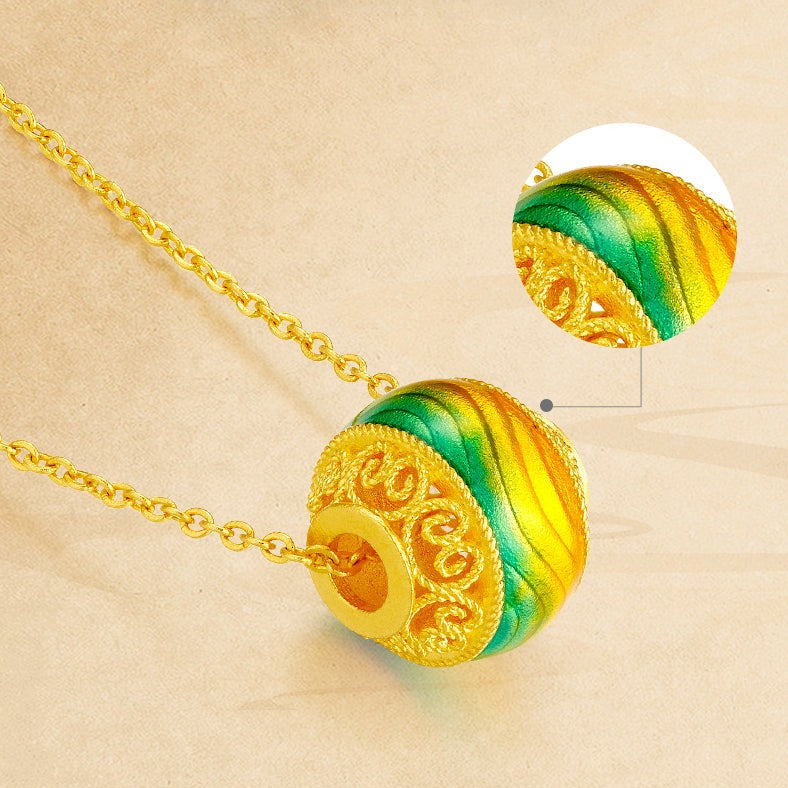 A Grand Panorama of Rivers and Mountains Series 24K Gold Enamel Filigree Hollow Bead Necklace