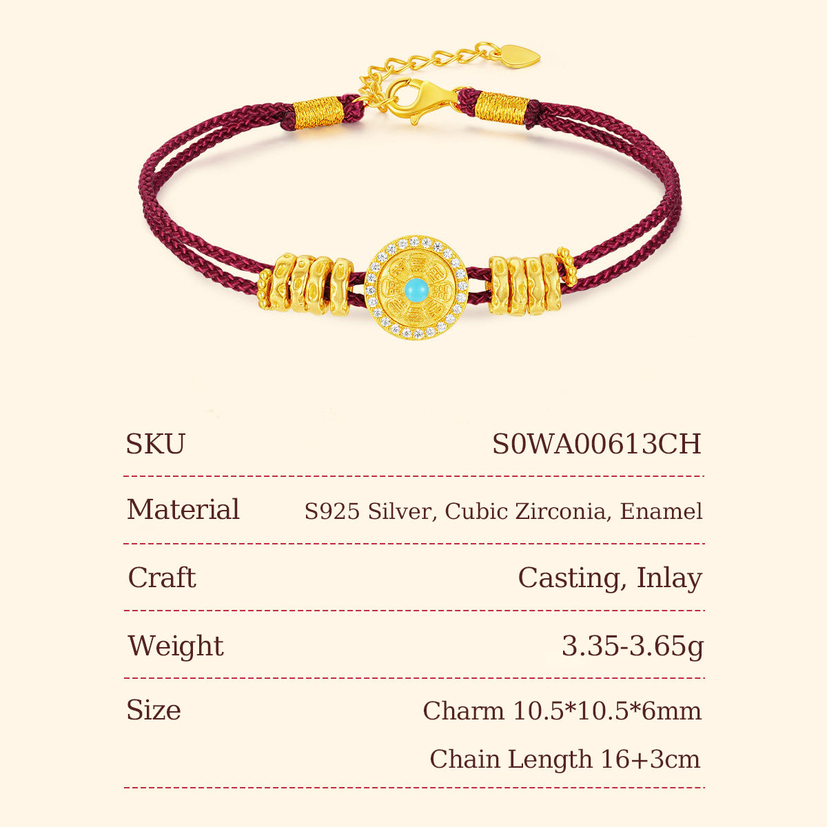 [Pre-sale] Gold Plated Silver Zircon Eight Treasures Compass Red Braided Bracelet