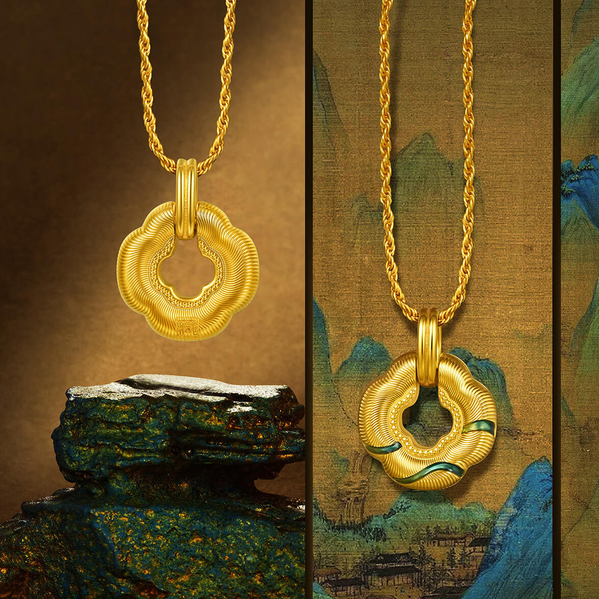 ChowTaiSeng 24K Gold Green Clover Pendant – two-sides comparison: plain gold version on dark rock (left) and green enamel version against Chinese landscape painting backdrop (right)