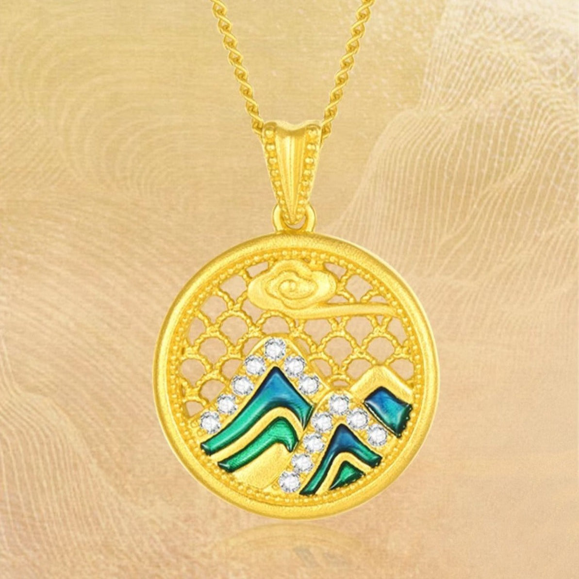 A Grand Panorama of Rivers and Mountains Series 24K Gold Diamond Enamel Hollow Necklace