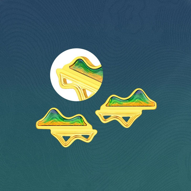 A Grand Panorama of Rivers and Mountains Series 24K Gold Enamel Green Mountain Shadow Earrings